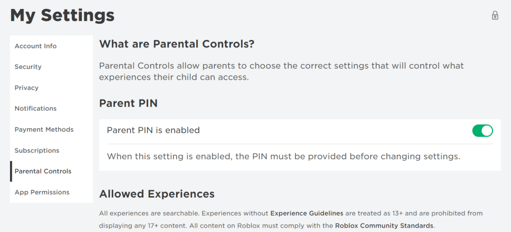 roblox parent pin enabled