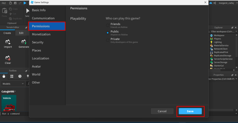 set permissions to public